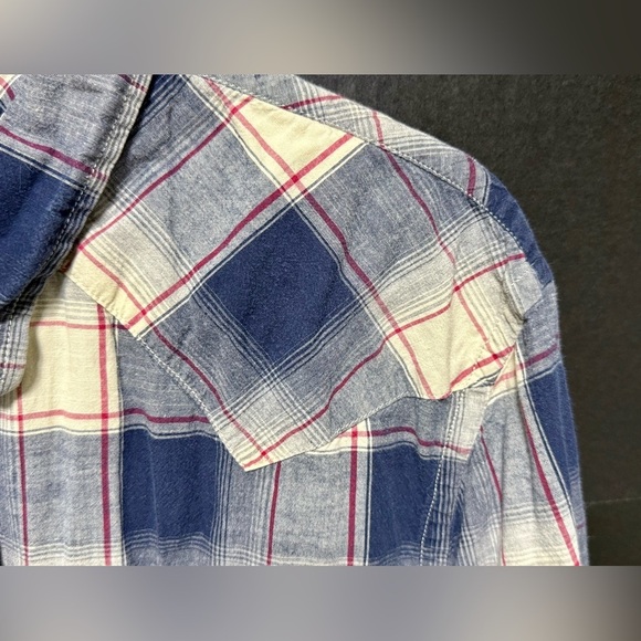🪅American Eagle Blue Red Western Plaid Snap Down Long Sleeve Shirt - Picture 5 of 12